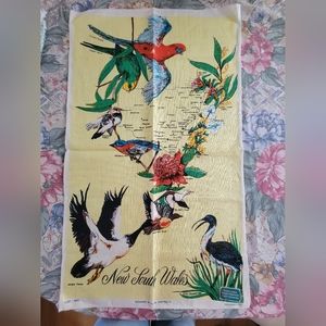 Vintage linen tea towel New South Wales with birds &  map of Australia NWT
